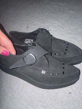 T.U.K. Black Suede Pointed Monk Buckle Creeper Shoes